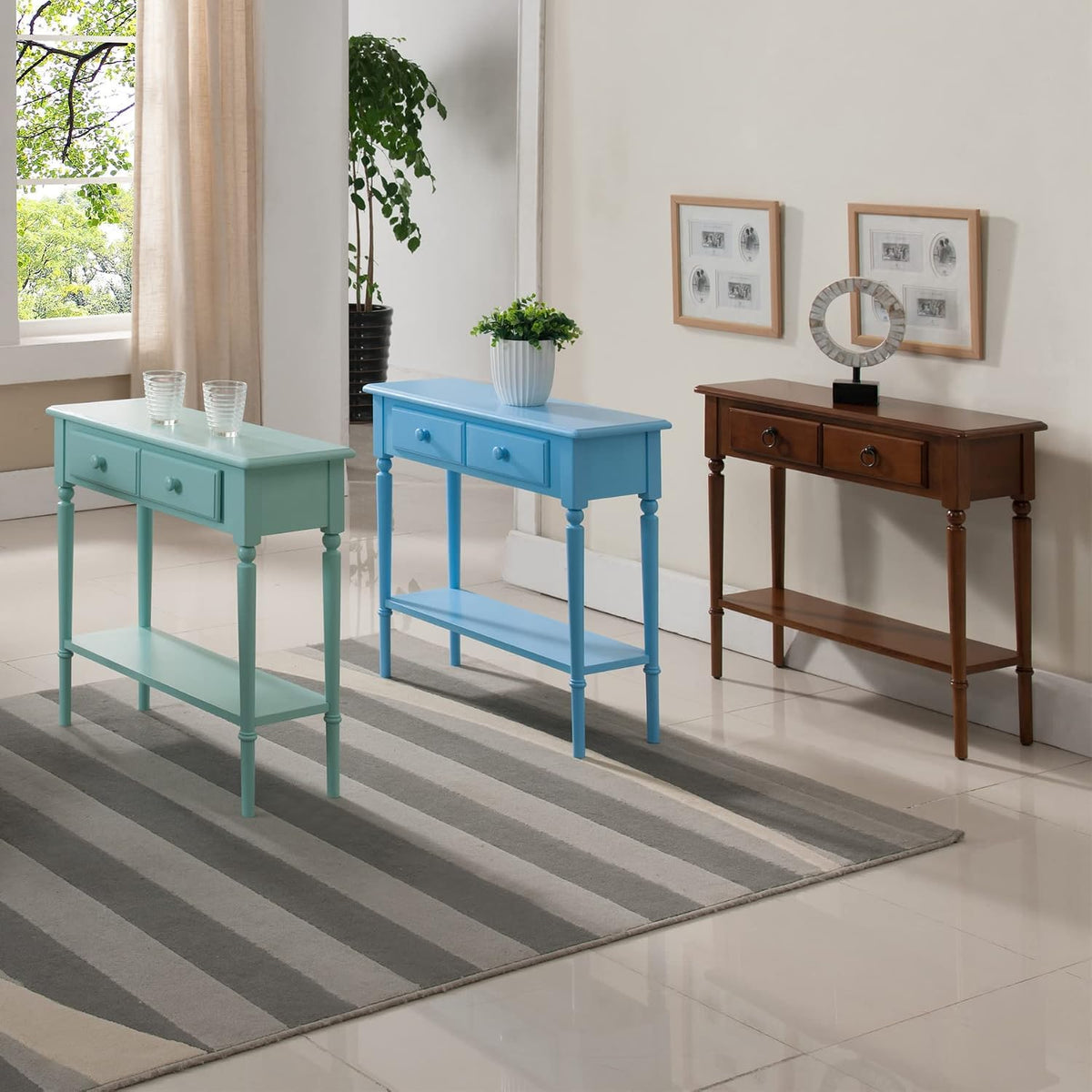 Leick Home Coastal Console Table, Solid Wood, with Drawer and Shelf, for Entryways, Hallways, and Living Rooms, Pecan Brown, 20027-PC