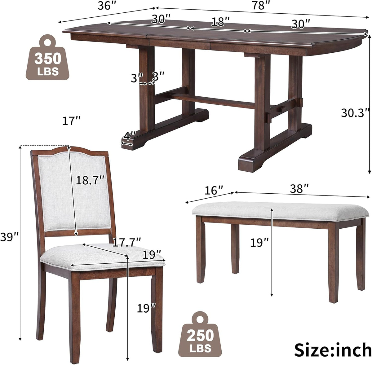 6-Pcs 78'' Extendable Rectangular Dining Table & 4 Upholstered Dining Chairs & 1 Bench, Wood Dining Table Kitchen Table Set for 6 (6-Pcs: 1 Table+4 Chair+ 1 Bench, Cherry)