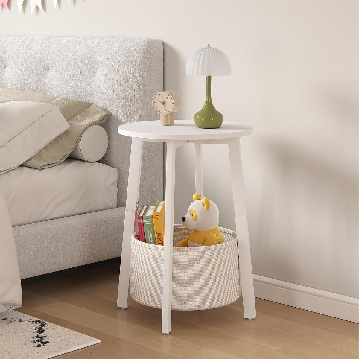 sthmec Small Round Side End Table with Cloth Storage Basket, Round Bedside Sofa Couch Coffee Tables for Small Places with Metal Frame, Modern Nighstands for Living Room Bedroom,White