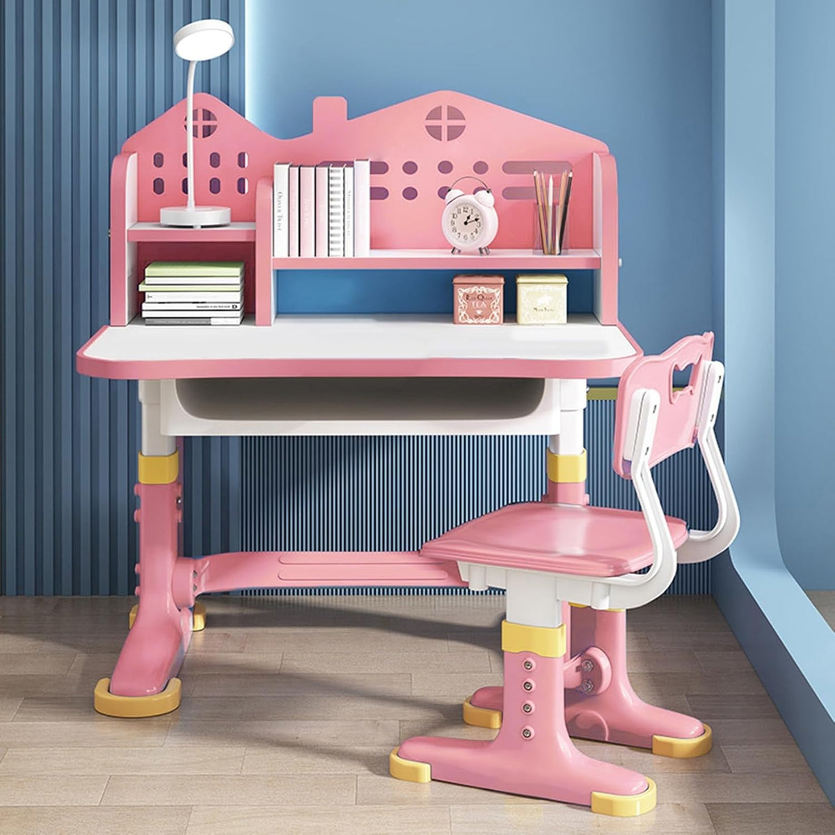 Kids Desk and Chair Set,Height Adjustable Child's School Study Writing Table Computer Workstation,Kids Desk with Bookstand & Storage Drawer,Children Chair-Desk with Widened Desktop for Boys and Girls