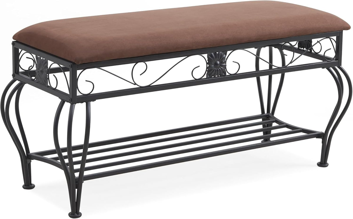 Bluecat Entryway Shoe Bench with Brown Padded Cushion, Metal Frame Multi-Functional Shoe Changing Bench for Hallway Living Room Bedroom