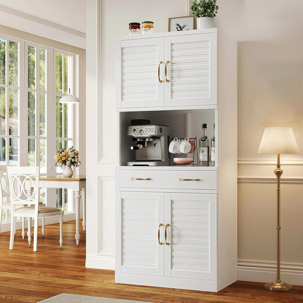 Tall Metal Pantry Cabinet with countertop & Drawer | Elegant Louvered Door Design with Modern Appeal,120 lb Adjustable Shelves with Steel Durability