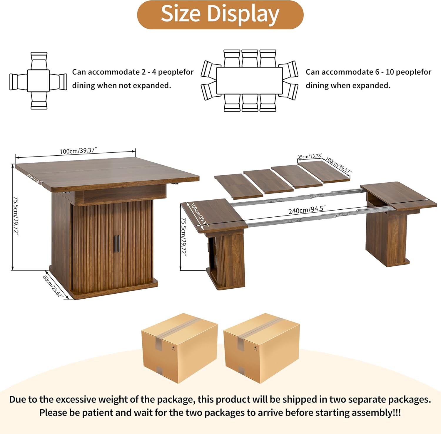 39-94 inch Extendable Dining Table for 4-10, Rectangle Expandable Long Kitchen Table with Fluted Sliding Doors, Double Tier Storage, Modern Square Dinner Table, Living Room, Farmhouse, Walnut
