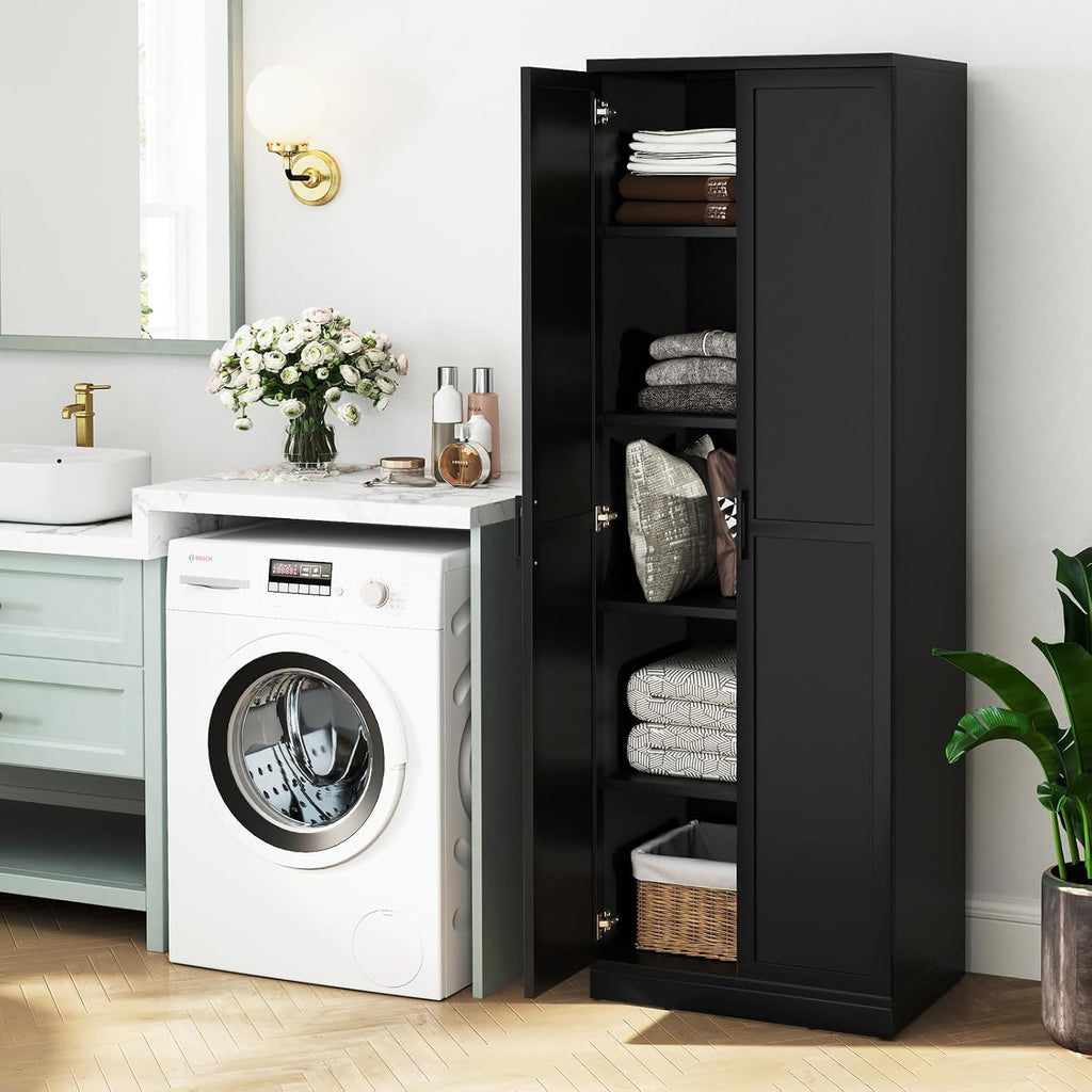 TANGZON Tall Kitchen Cupboard, 5-Tier Storage Cabinet with 2 Adjustable Shelves, Doors & Anti-tipping Device, Freestanding Wooden Tall Sideboard Unit for Pantry Dining Living Room (Black)