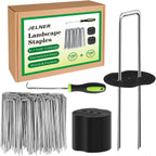 Garden Stakes,6 Inch 11 Gauge 100pcs Galvanized Landscape Staples + 100pcs Gaskets + 1Pick Hook, Tent Stakes Landscaping Fabric SOD Pins for Weed Fabric Barrier,Groud Cover,Fence
