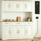 71" Tall Farmhouse Kitchen Pantry Cabinet, 55" Wide Storage Hutch with LED Lights, Charging Station, Drawers & Adjustable Shelves, Multi-Purpose Microwave Coffee Bar for Kitchen Dining Room (White)