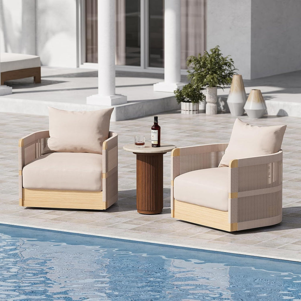 homary Patio Rattan 360° Swivel Chair Pieces of 2, Outdoor Wicker Furniture with Thickened Rainproof Cushion and Aluminum Frame for Garden, Balcony, Indoor, Khaki
