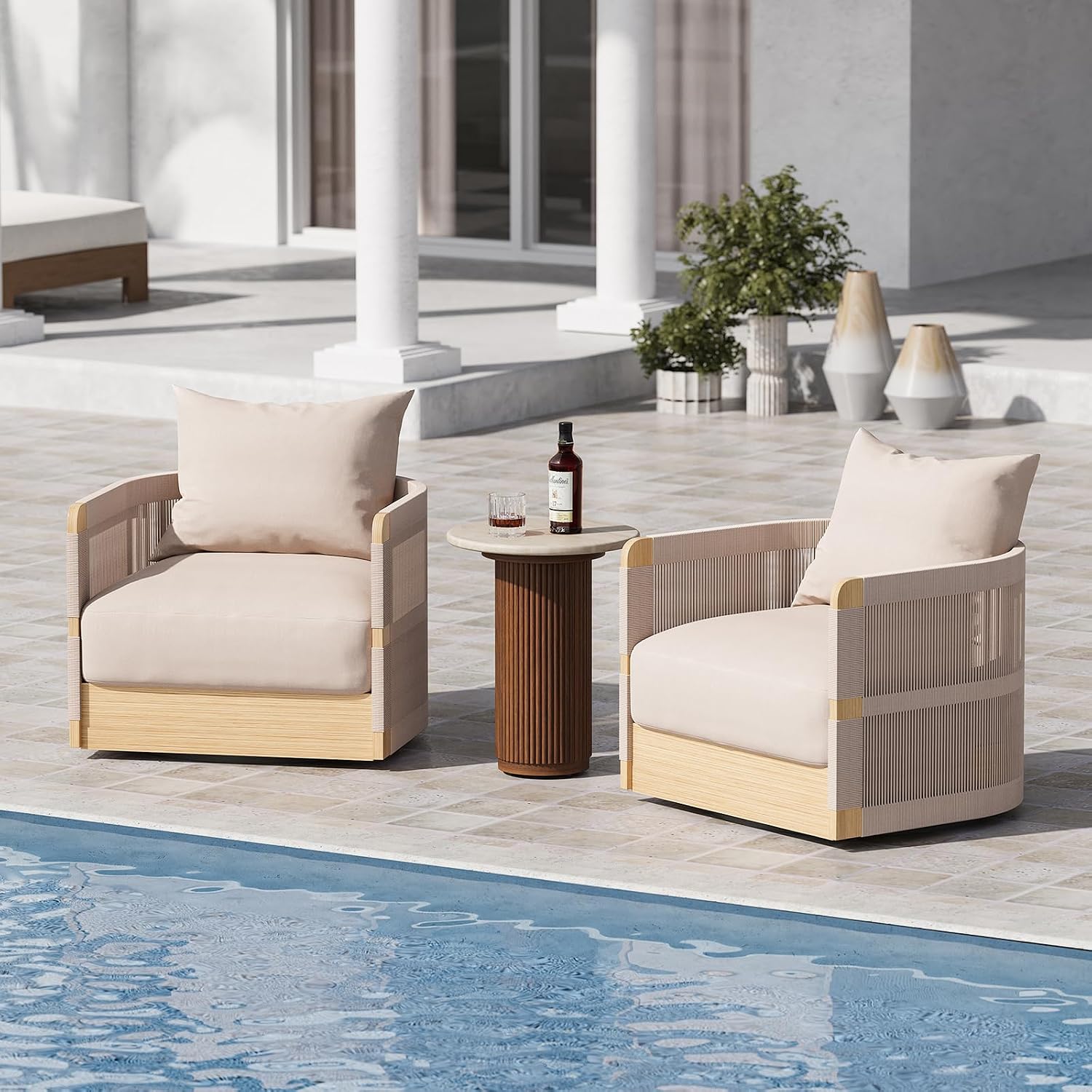 homary Patio Rattan 360° Swivel Chair Pieces of 2, Outdoor Wicker Furniture with Thickened Rainproof Cushion and Aluminum Frame for Garden, Balcony, Indoor, Khaki