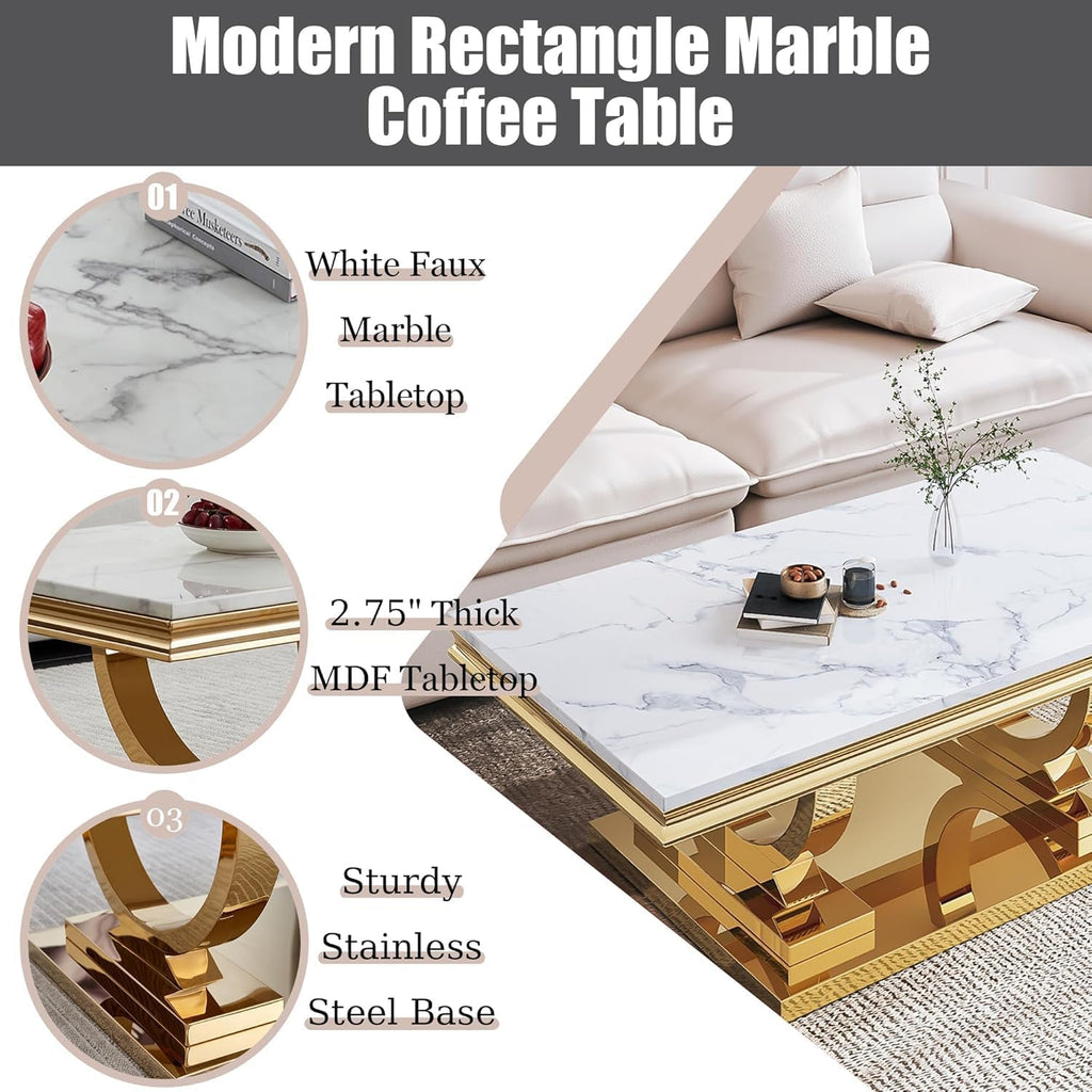Marble Coffee Table Set of 3, Includes 1 Coffee Table with 2 Square End Side Tables, Luxury 3 Piece Living Room Table Set with White Faux Marble Tabletop & Gold Stainless Steel Base