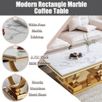 Marble Coffee Table Set of 3, Includes 1 Coffee Table with 2 Square End Side Tables, Luxury 3 Piece Living Room Table Set with White Faux Marble Tabletop & Gold Stainless Steel Base