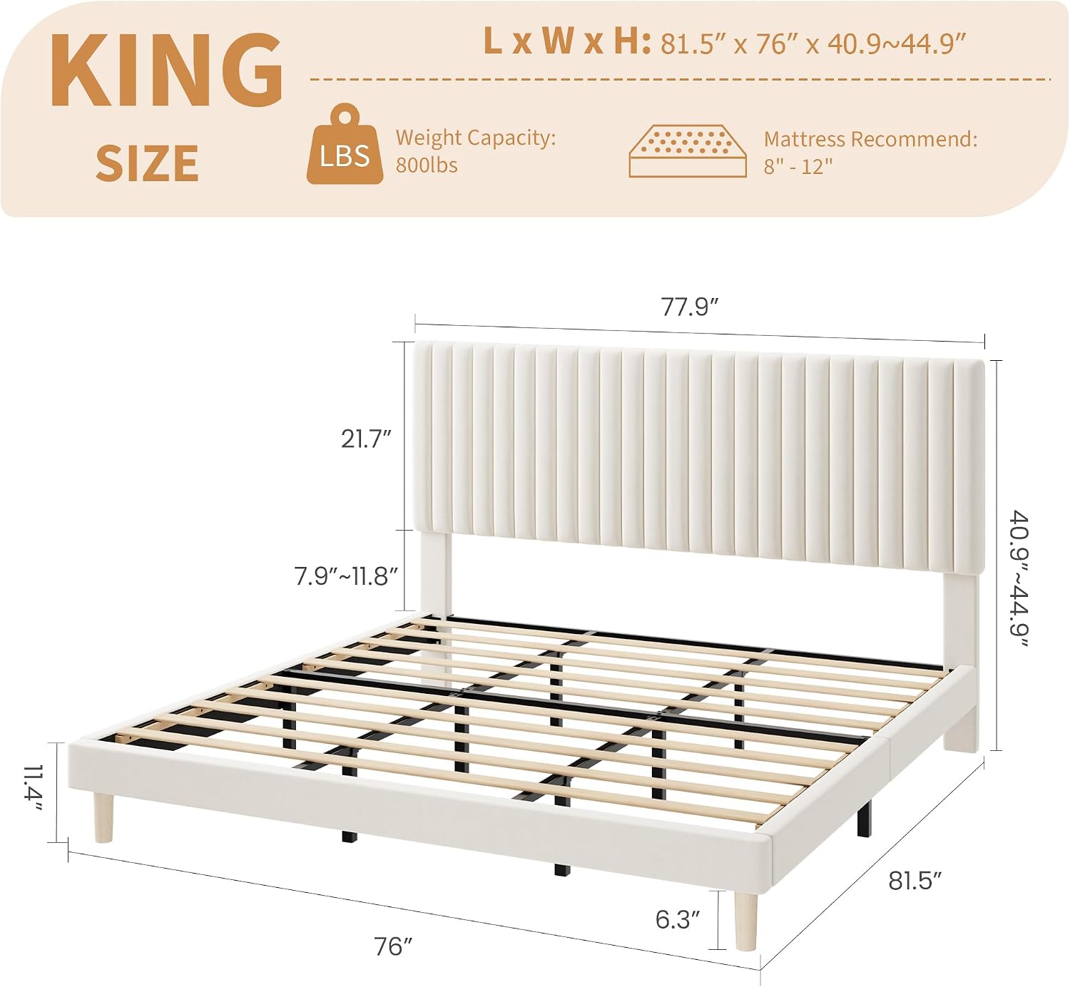 GAOMON King Size Bed Frame, Velvet Upholstered Platform Bed, Beige