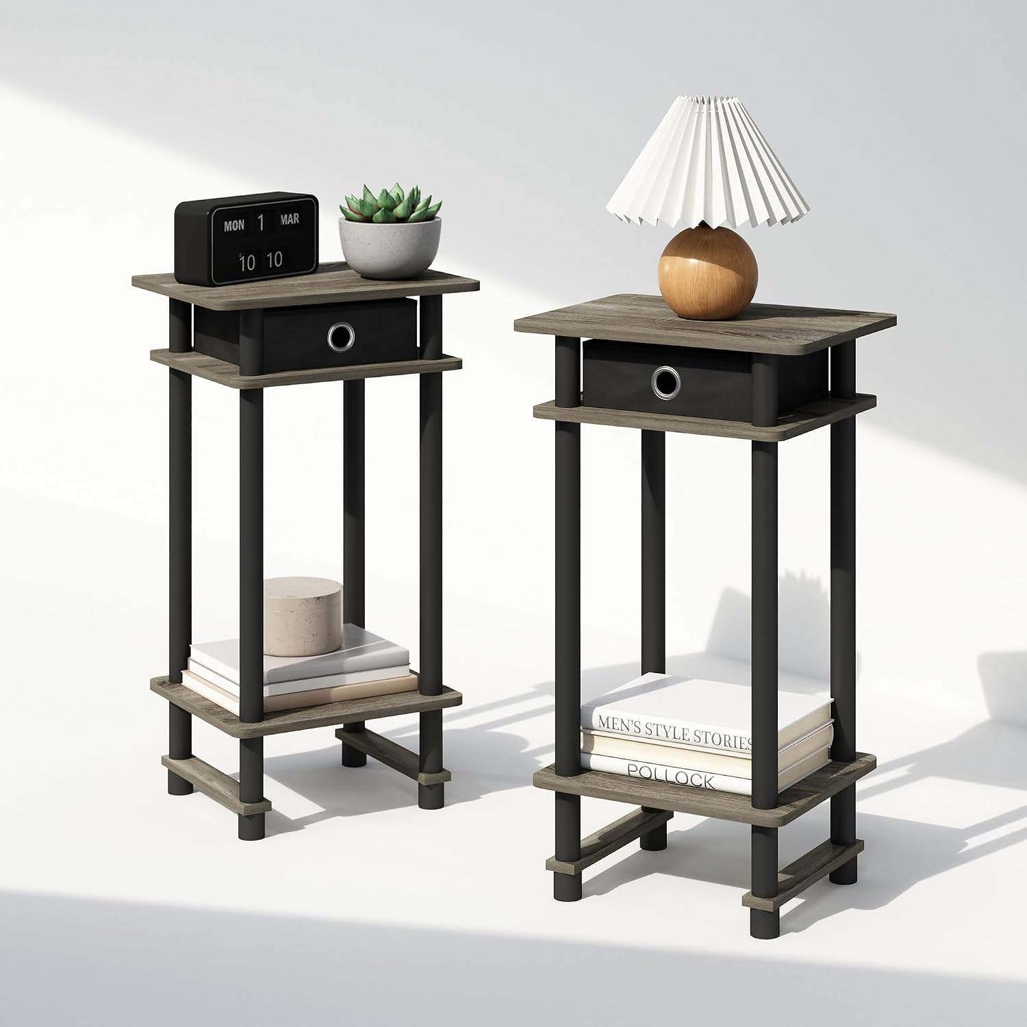 Furinno Turn-N-Tube Tall Nightstand with Bin, 2-Pack, Plastic Poles, French Oak/Black/Black | Tall Narrow, Open Shelf Design Nightstand with Storage Bin, Bedside Table, End Table, Side Table, for Bedroom, Closet, Dorm