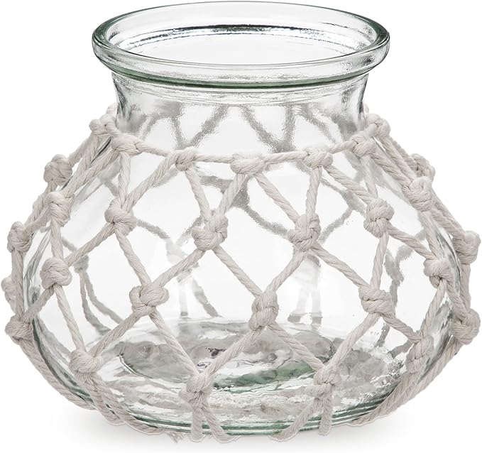Hollyone Clear Glass Vase with Cotton Rope Cover Woven Round Glass Vase Decorative Flower Bottle Modern Vase for Table Centerpiece Farmhouse Wedding Home Decor