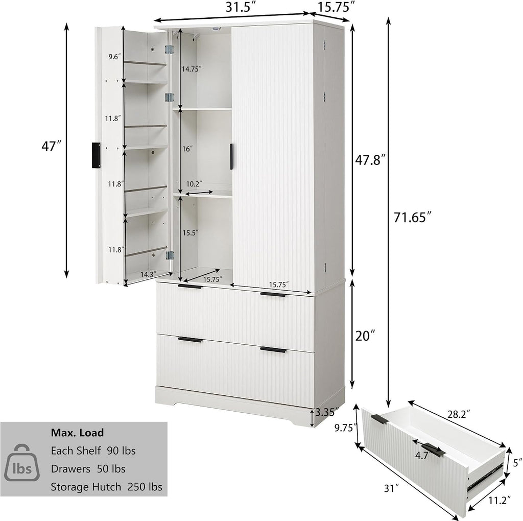 72" Modern Fluted Kitchen Pantry Cabinet, Freestanding Food Storage Cupboard with 2 Large Drawers & 8-Door Spice Rack,Storage Organizer for Kitchen, Bathroom, Dining Room,White
