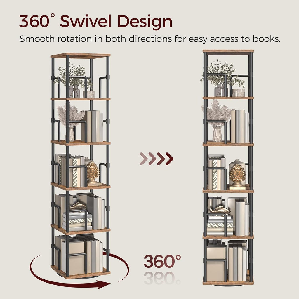 MAHANCRIS 5-Tier Rotating Bookshelf, Freestanding Corner Bookshelf, 360° Spinning Bookcase, Industrial Style Storage Rack with Rails, for Living Room, Bedroom, Study, Rustic Brown and Black BKHR1601