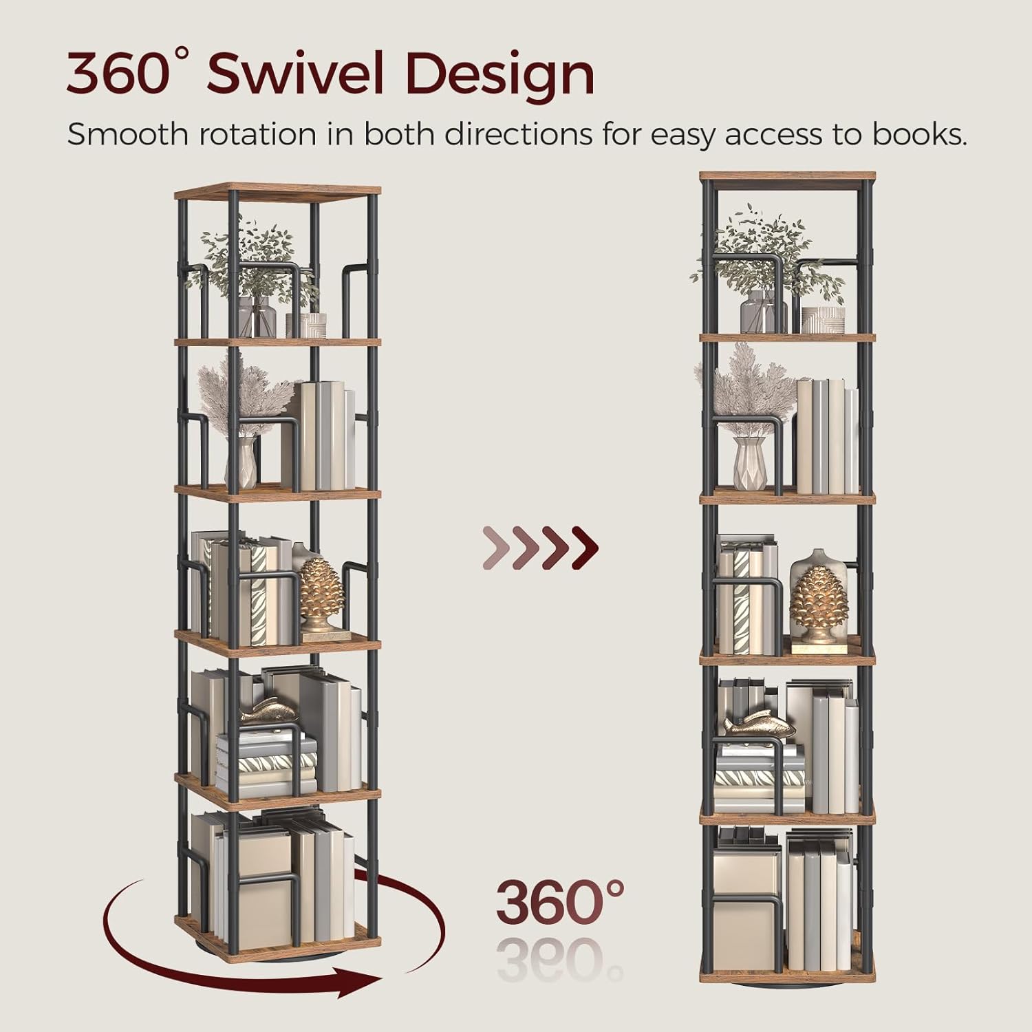 MAHANCRIS 5-Tier Rotating Bookshelf, Freestanding Corner Bookshelf, 360° Spinning Bookcase, Industrial Style Storage Rack with Rails, for Living Room, Bedroom, Study, Rustic Brown and Black BKHR1601
