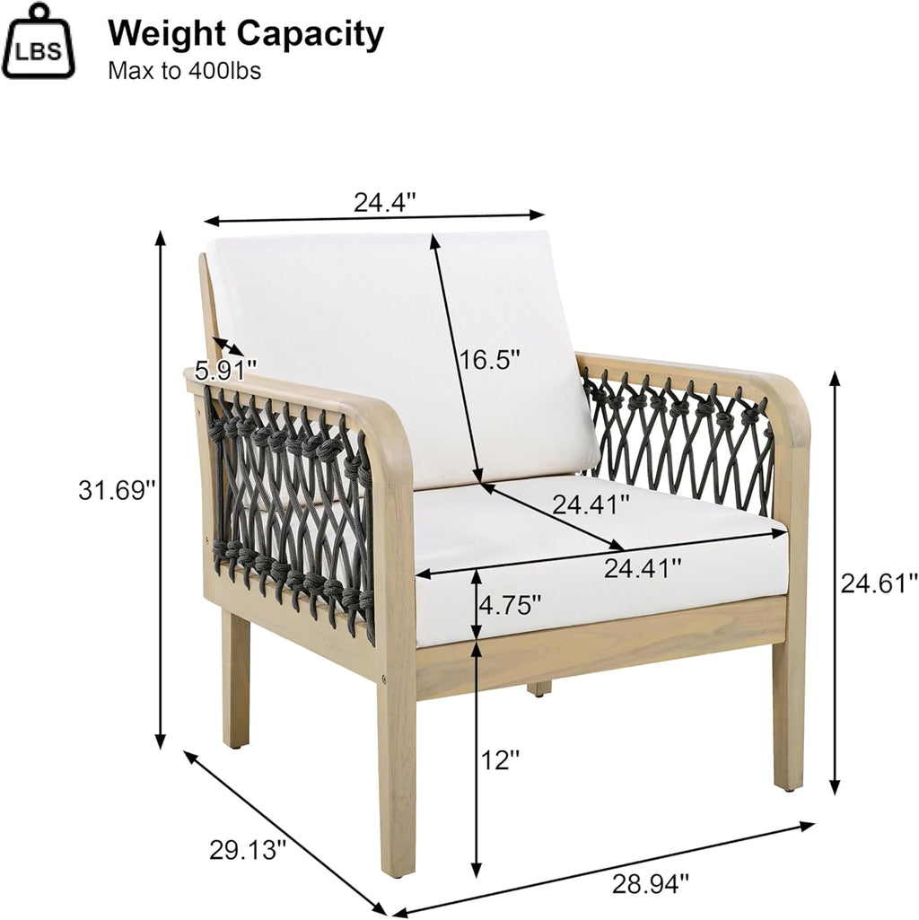 Outdoor Acacia Wood Club Chair with Handwoven Rope, Weather-Resistant, Set of 2, Light Teak Finish, 400 Lbs Capacity