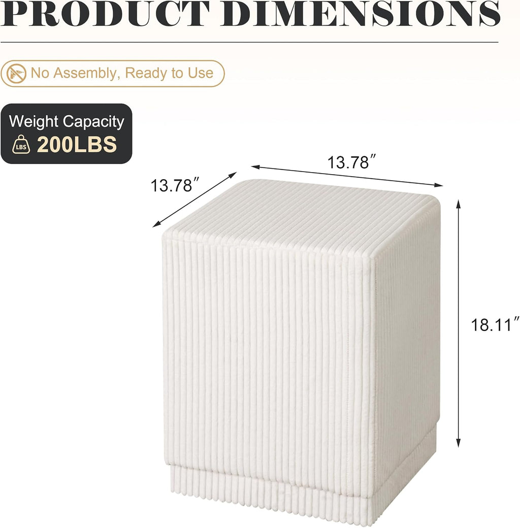 Homebeez Modern Square Ottoman, Vertical Channel Tufted Foot Stool Ottoman, Corduroy Velvet Upholstered Vanity Stool for Makeup, Bedroom, Living Room, Cream White