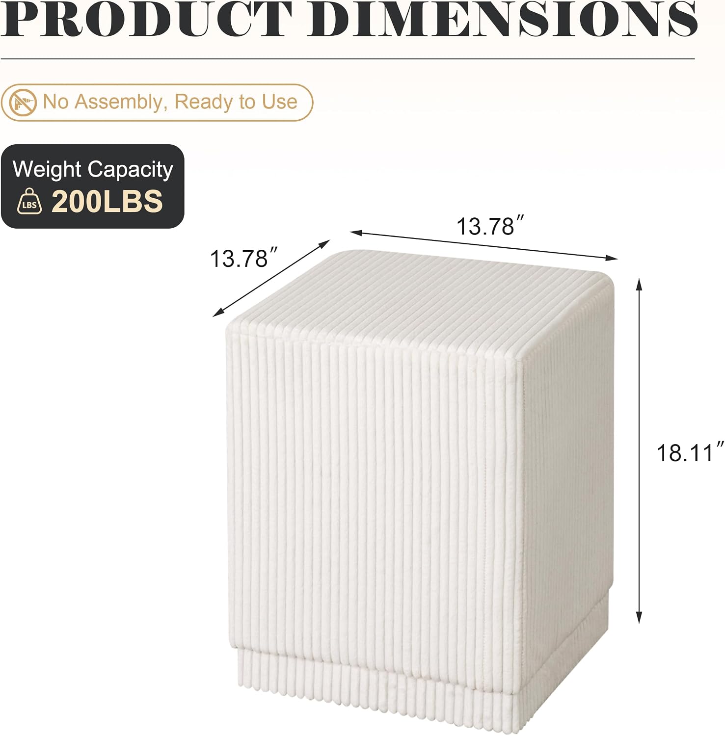 Homebeez Modern Square Ottoman, Vertical Channel Tufted Foot Stool Ottoman, Corduroy Velvet Upholstered Vanity Stool for Makeup, Bedroom, Living Room, Cream White