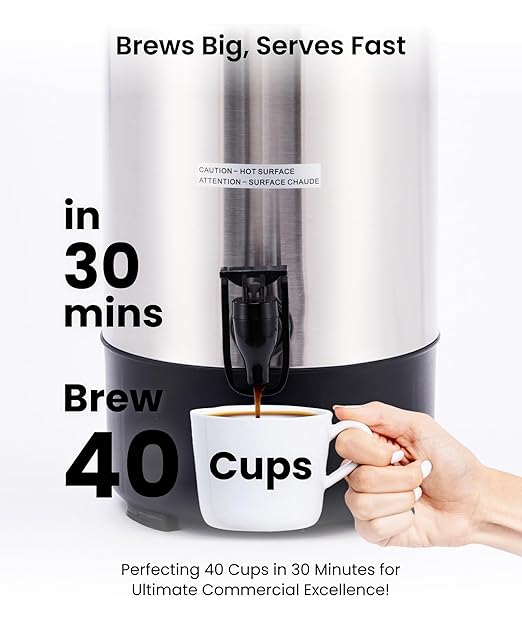 SYBO SR-CP40C Commercial Grade Stainless Steel Percolate Coffee Maker, Hot Water Urn for Catering, Hot Beverage Dispenser, 45-Cup, 4.5L, Metallic