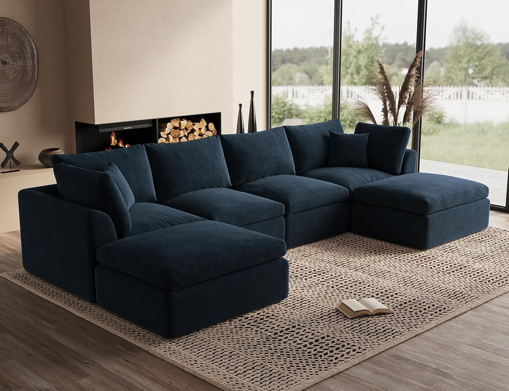 ohllob 140" U Shaped Couch, Cloud Sectional Couches for Living Room, Couch with Ottoman, Oversized 4 Seater Modular Sectional Sofa, Dark Blue