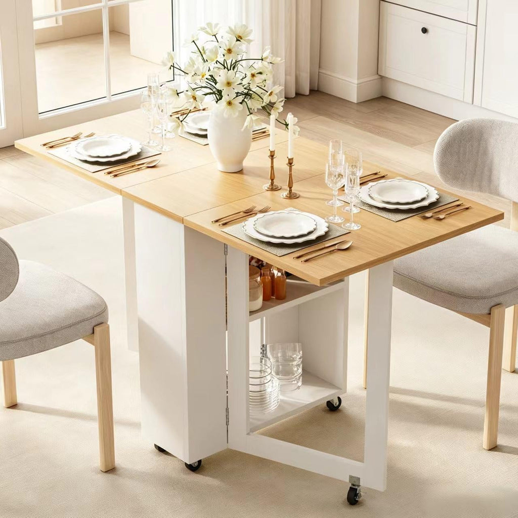 LotFun Portable Folding Dining Table, Space Saving Kitchen Table with 6 Lockable Casters & 2‑Tier Storage Rack, Multifunctional Table for Compact Spaces (48.6 x 24.6X 30.6)