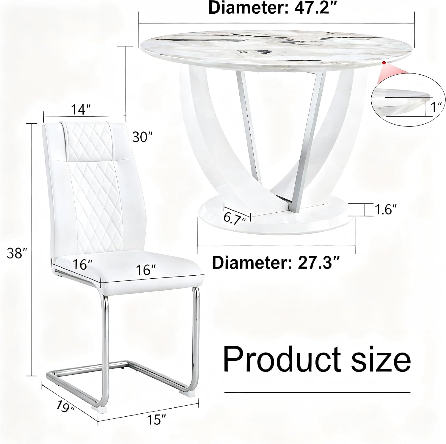 47" White Round Glass Dining Table Set 4 | Marble Pattern Kitchen Table with 4 PU Chairs, Modern High Glossy White Base Table for Kitchen Dining Room