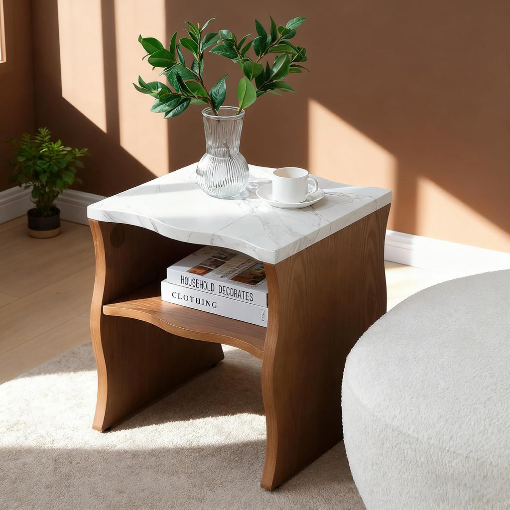 Mid-Century Modern Side Table,17.72" Whisper of Waves Design End Table with White Marble-Pattern Tabletop Open Storage Shelf and Solid Wood Veneered Base Bedroom Nightstand End Table for Living Room