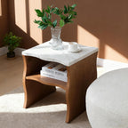 Mid-Century Modern Side Table,17.72" Whisper of Waves Design End Table with White Marble-Pattern Tabletop Open Storage Shelf and Solid Wood Veneered Base Bedroom Nightstand End Table for Living Room