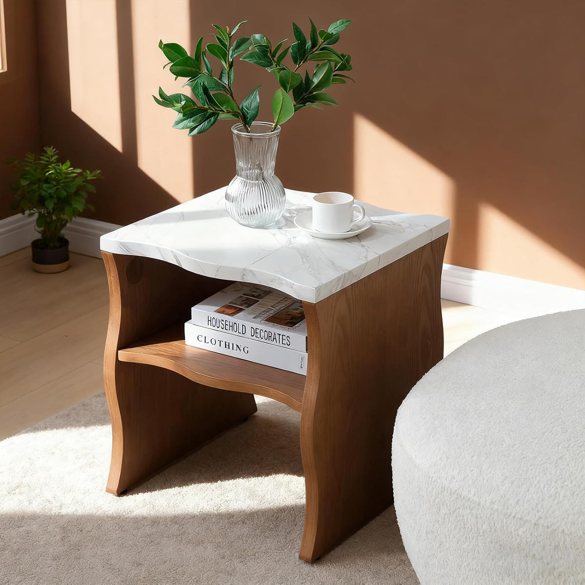 Mid-Century Modern Side Table,17.72" Whisper of Waves Design End Table with White Marble-Pattern Tabletop Open Storage Shelf and Solid Wood Veneered Base Bedroom Nightstand End Table for Living Room