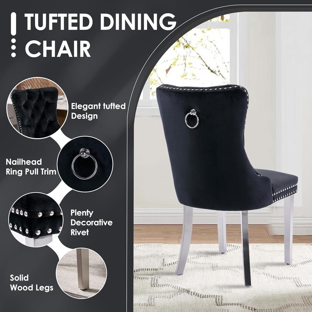 Modern Silver Round Glass Dining Table Set for 2, 36'' Luxury Minimalist Circle Dinette Room Set, 3 PCS Clear Circular Glass Top Kitchen Set, Black High-end Tufted Chairs, for Small Place