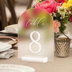 JINMURY Frosted Arch Table Numbers for Wedding, 5x7 Inch Acrylic Table Numbers 1-25 with Stands, Frosted Acrylic Arch Tabletop Sign with Holder for Centerpiece, Reception, Wedding, Party, Event