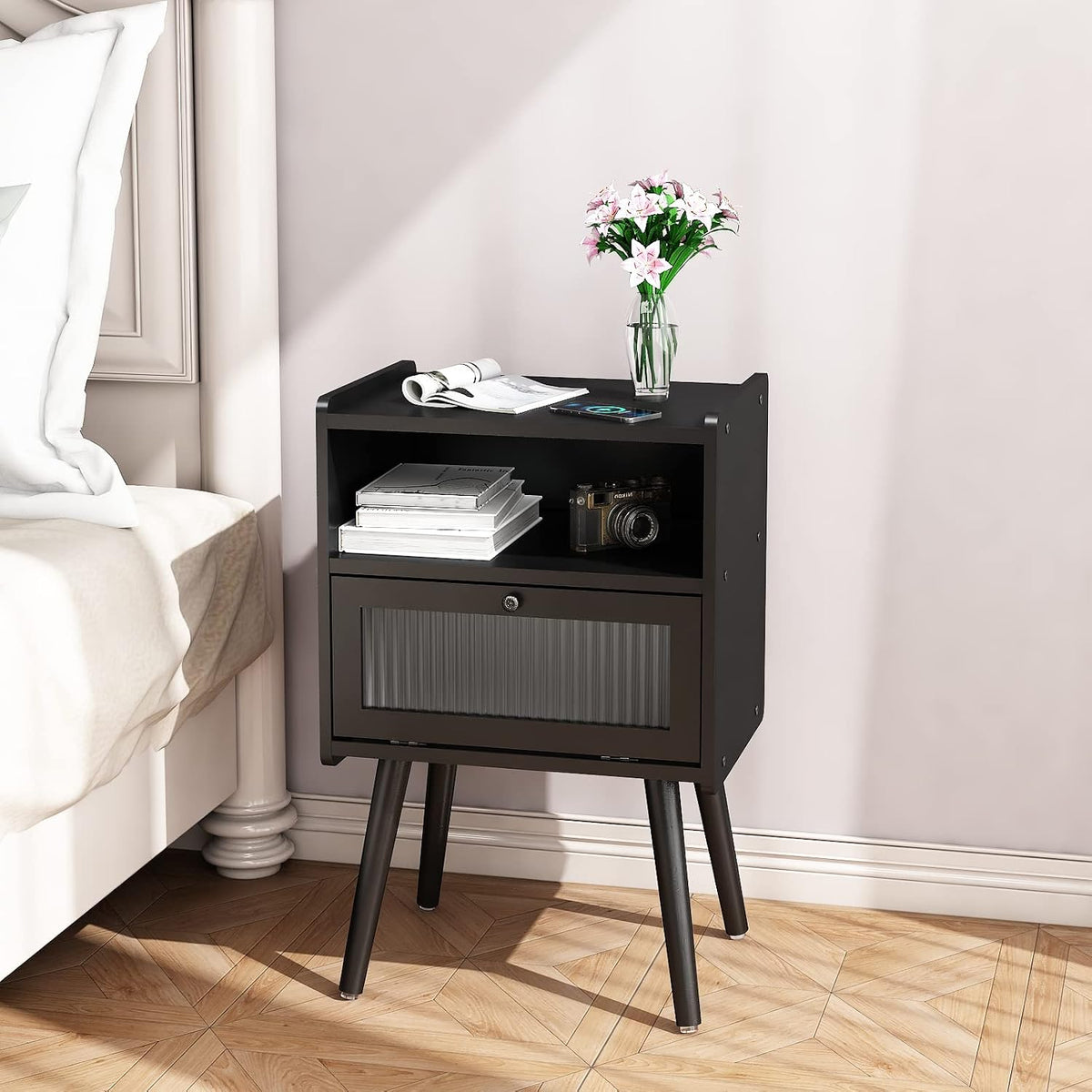 Mid Century Modern Nightstand, Bedside Table with Glass Door, Black | Side Table End Table with Solid Wood Legs for Bedroom, Living Room and Small Spaces