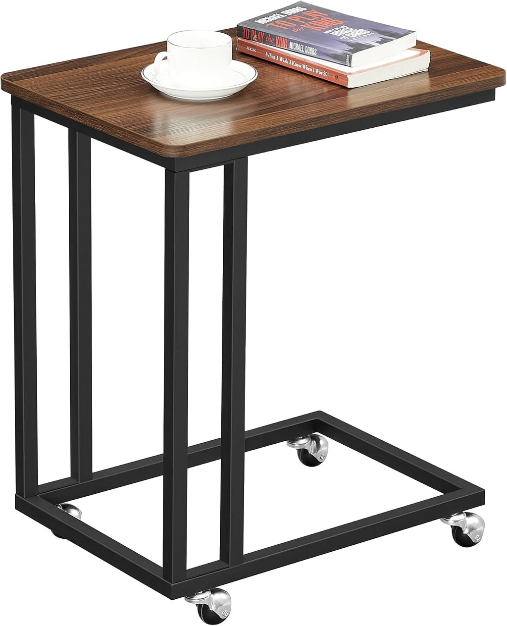 VASAGLE C Shape End Table for Couch or Sofa, Industrial Small Side Table | TV Tray With Wheel, Coffee Table in Living Room, Bedroom, 19.7 x 13.8 x 23.6 Inches, Dark Walnut and Black ULNT50Z