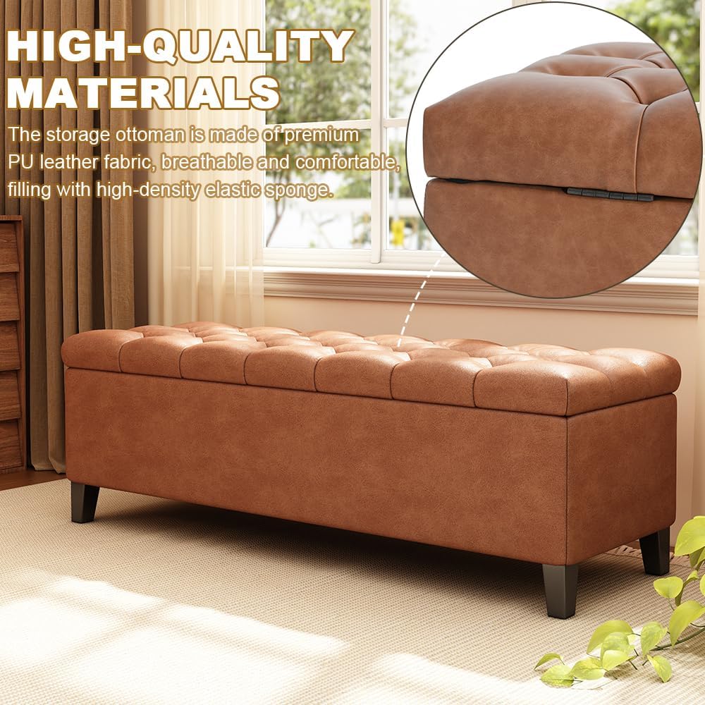 PU Storage Ottoman Bench - Leather Storage Bench End of Bed with Safety Hinges, Tufted Ottoman for Living, Dining Room, Entryway and Hallway, Brown