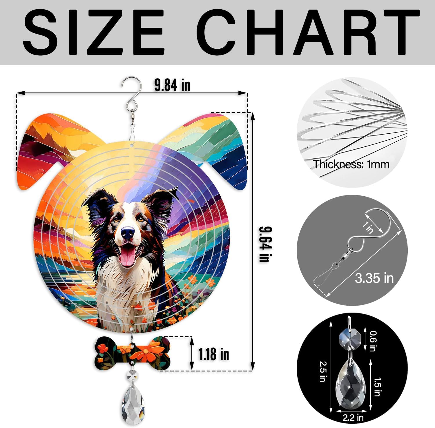Border Collie Dog Ears Wind Spinner, Border Collie Wind Spinner Hanging for Yard and Garden