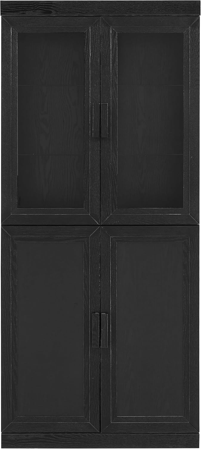 Crosley Furniture Essen Glass Door China Hutch Kitchen Pantry Storage Cabinet with Doors and Shelves, Black