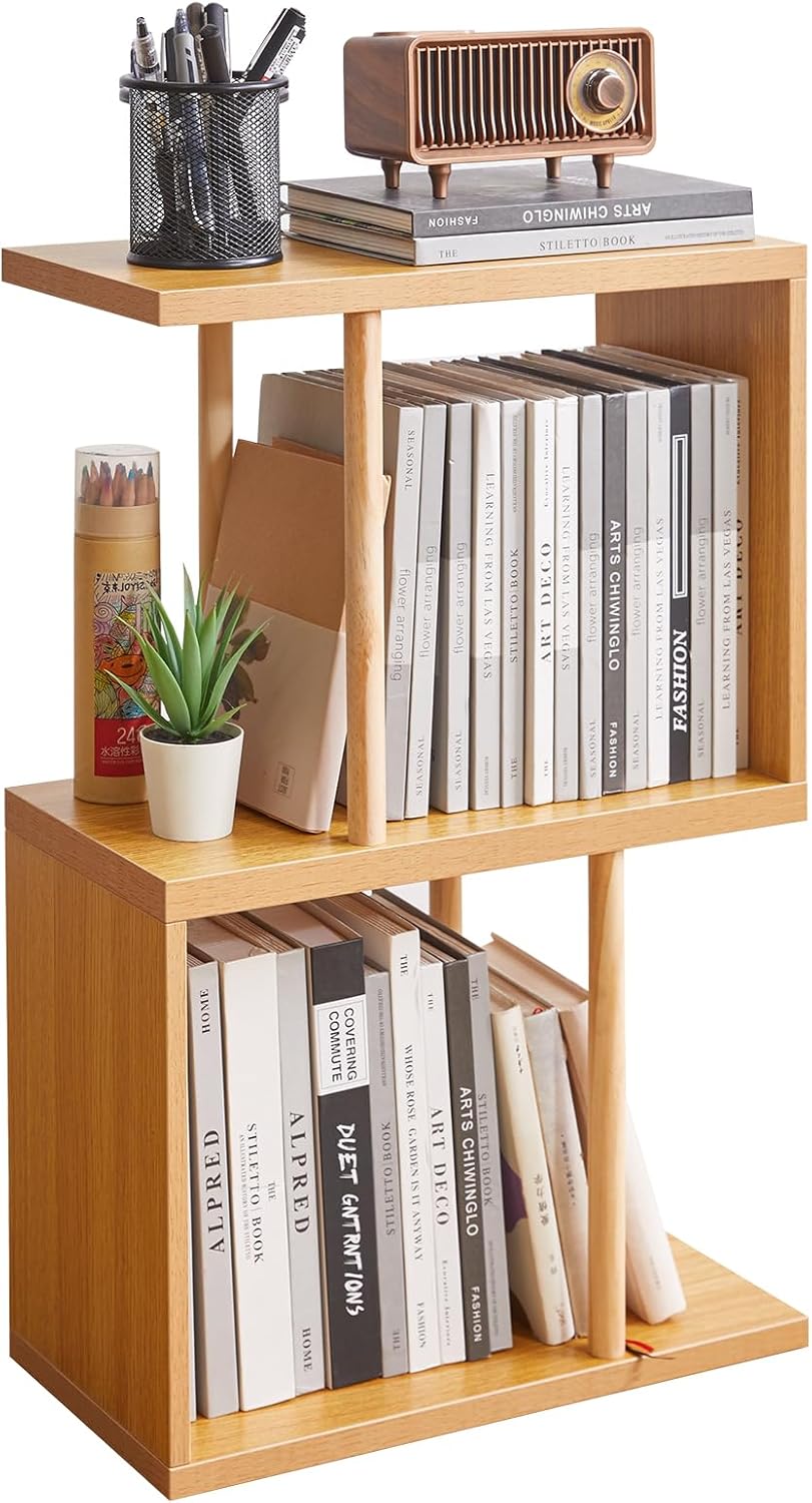 Aibiju 3-Tiered S-Shaped Side Table for Small Spaces, Freestanding Side Table, Sofa End Table, Narrow End Table, Suitable for Bedrooms Living Rooms Study Room, Natural Wood Color YD-ST003N