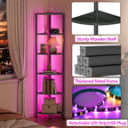 Furnulem 6 Tier Corner Shelf with LED Light, 67.5" Black Narrow Bookshelf | Tall Standing Shelf Organizer, Storage Rack for Wall Corner, Living Room, Bedroom, Metal Frame, Wood Display Shelf