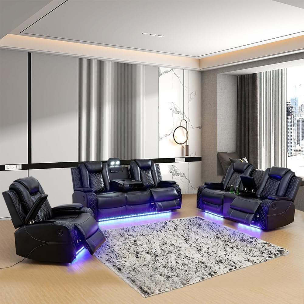 Multifunction Power Air Leather Recliner Sofa Set with LED Lights, Living Room Furniture, Reclining Sofa, loveseat, Chair with USB Port/Storage Console/Cup Holders (Black, 3 Pieces)
