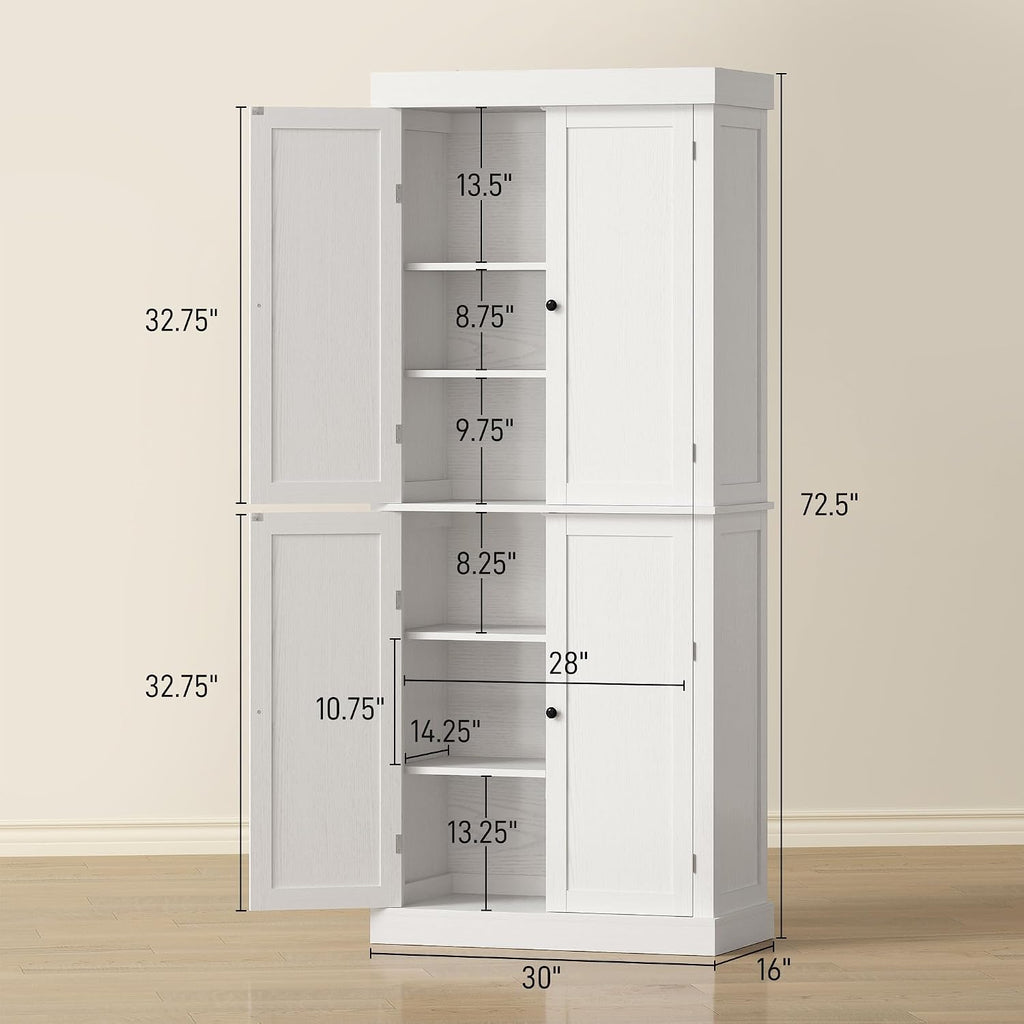 HOMCOM 72.5" Tall Kitchen Pantry Cabinet, Freestanding Modern Farmhouse Kitchen Storage Cabinet with 4 Doors and 2 Adjustable Shelves for Dining Room, White Wood Grain