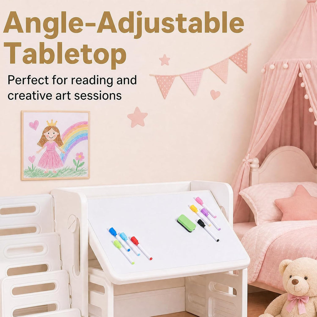 HONEY JOY Kids Table and Chair Set, Kids Art Table with Side Bookshelves | Toddler Activity Table with Erasable Whiteboard, Tiltable Desktop & Storage Baskets, for 3+ Years Old Boys & Girls