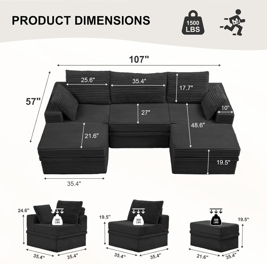 107'' Modular Sectional Sofa, Deep Seat Couch with Storage | Oversized High-Back for Living Room & RV | With Ottoman | High Density Foam & Corduroy | Tool-Free Assembly | Cozy Dark Gray