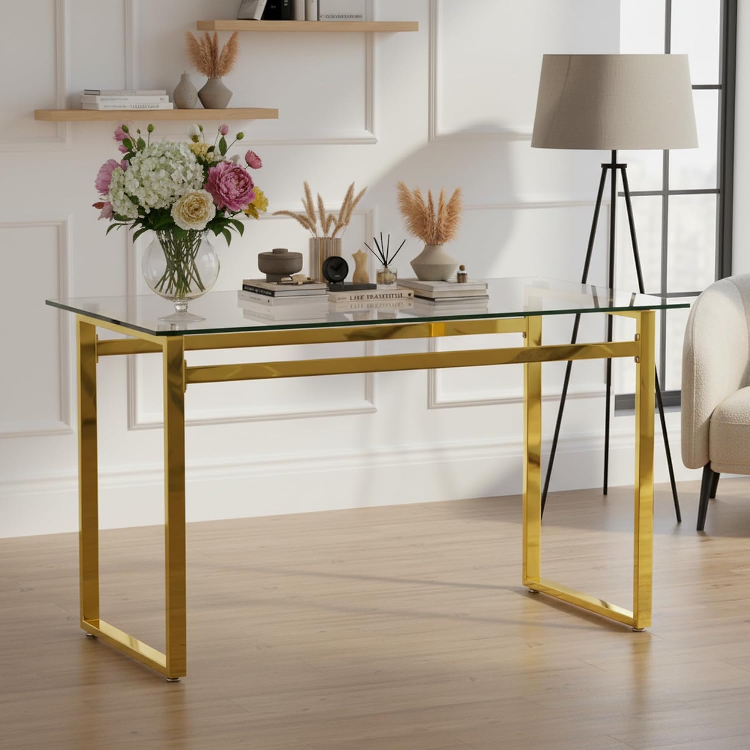 51''Glass Dining Table, Modern Rectangle Kitchen Table with Tempered Glass Tabletop and Metal Leg for 4, Writing Table Desk, for Kitchen Dining Living Room (Golden)