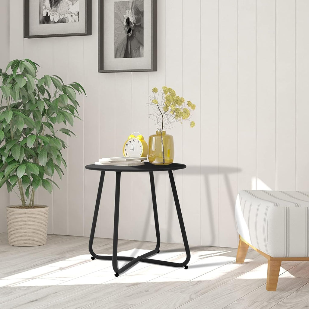 Meluvici Patio Small Side Table Waterproof Round Metal Steel Weather Resistant Portable Outdoor and Indoor End Table for Garden Balcony Yard, Black
