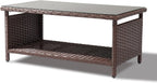 VINGLI Outdoor Wicker CoffeeTable Patio Coffee Tables for Outside, Tempered Glass Top Wicker Table with Storage Coffee Table for Patio Balcony Porch Deck (Brown)
