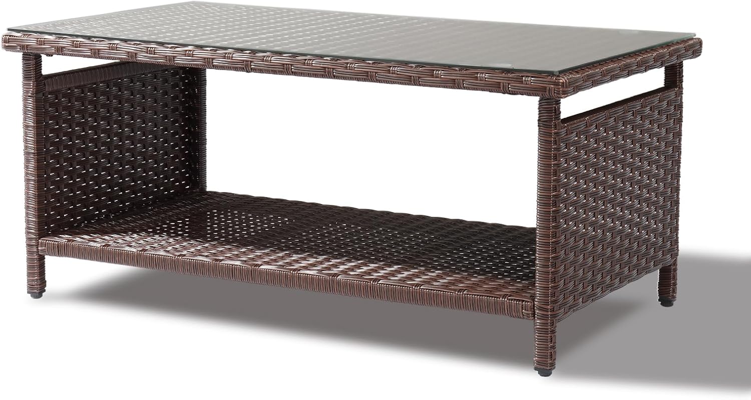 VINGLI Outdoor Wicker CoffeeTable Patio Coffee Tables for Outside, Tempered Glass Top Wicker Table with Storage Coffee Table for Patio Balcony Porch Deck (Brown)