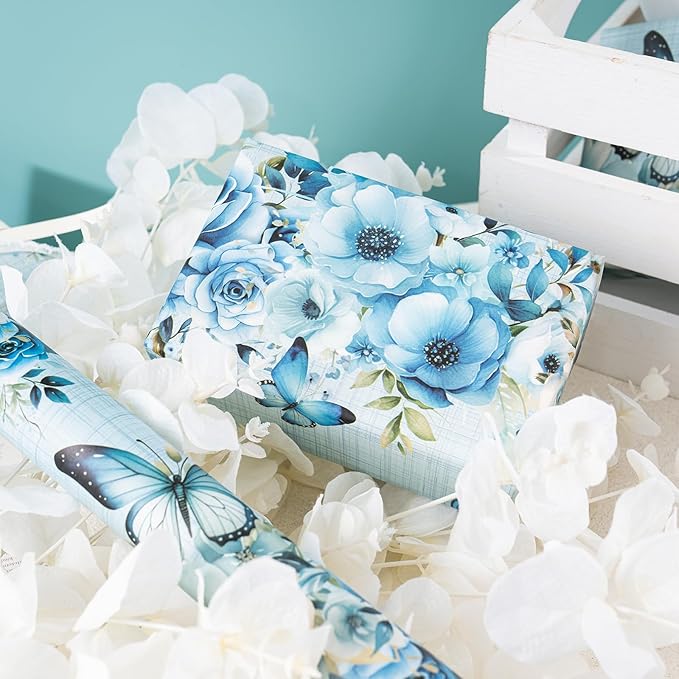 WRAPAHOLIC Kraft Floral Wrapping Paper - Mini Roll - 17 Inch x 16.5 Feet - Dusty Blue Flower and Butterfly Design for Wedding, Birthday, Bridal Shower, Tea Party, Drawer Liners, Home Closet Shelves