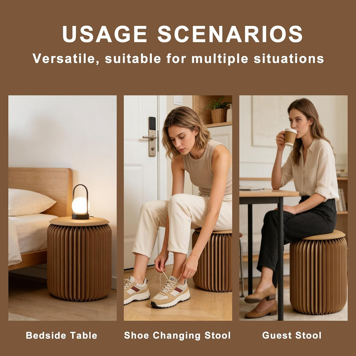 Foldable Stool — Paper Foldable Stool,Folding Paper Stool, (Book-Sized) ，11 Inches High ，Made from Eco-Friendly Kraft Paper ， Ideal for Home & Travel ， Supports Up to 660 lbs ，Brown