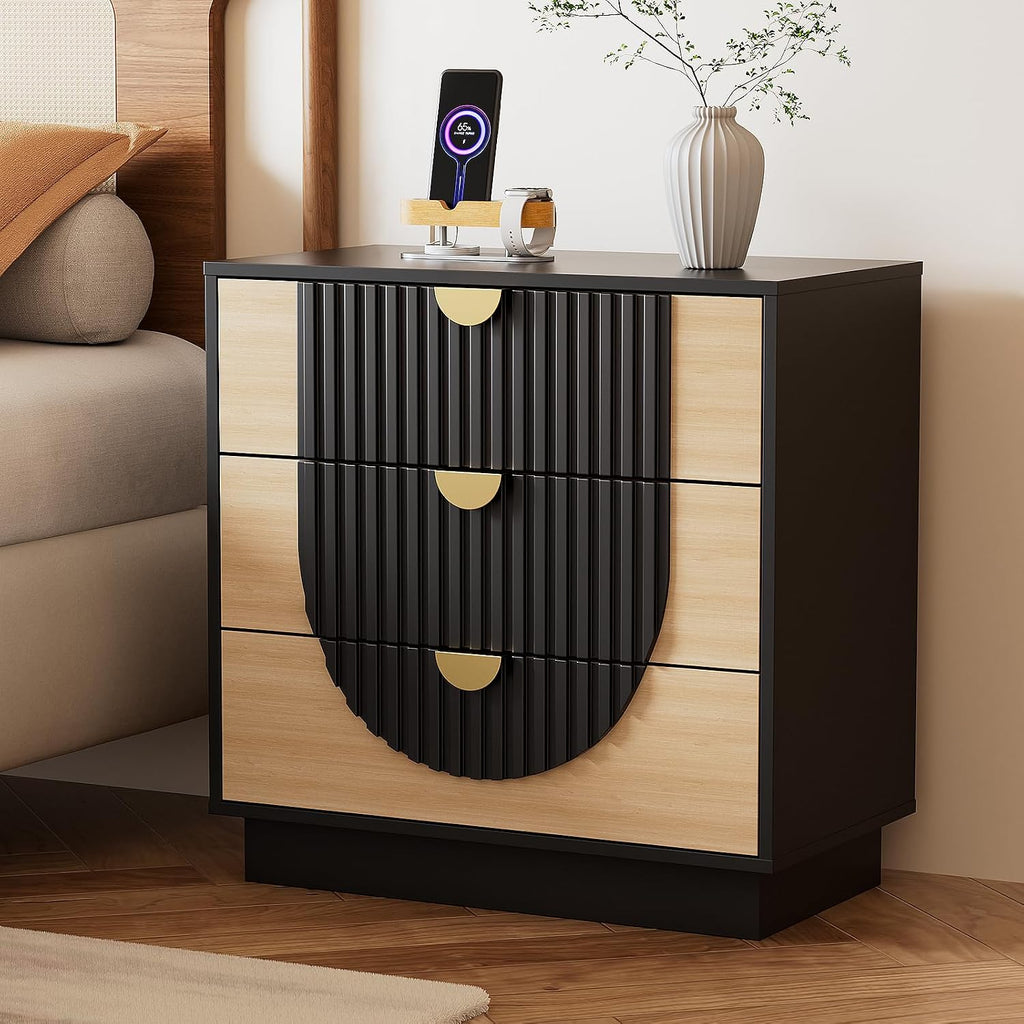 3 Drawer Nightstand with Charging Station, 28" Fluted Night Stand & Modern Bedside Table, Wood End Table Storage Cabinet for Bedroom Hallway, Entryway, Black Set of 2